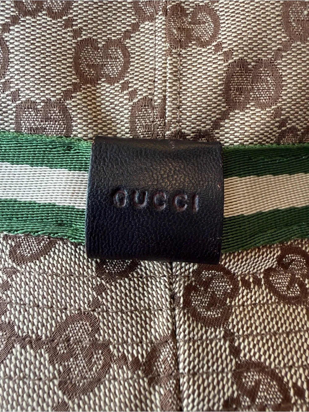 Gucci Tan GG Monogram Bucket Hat with Green and Cream Stripe - Picture 9 of 13